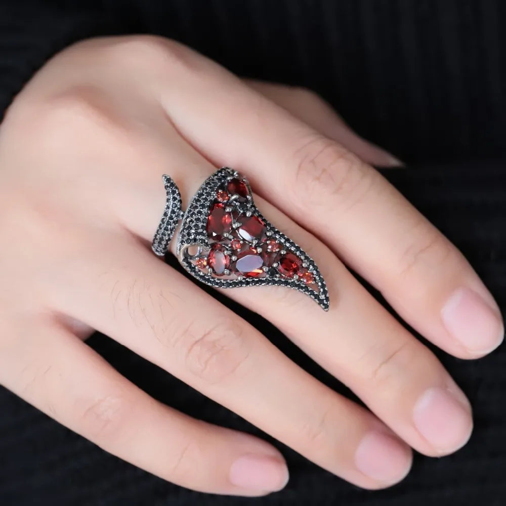 GEM'S BALLET Natural Red Garnet Gemstone Open Finger Ring 925 Sterling Sliver Vintage Gothic Punk Ring For Women Party Jewelry