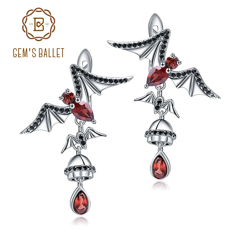 GEM'S BALLET Natural Garnet Gemstone Bat Earrings 925 Sterling Sliver Vintage Gothic Punk Drop Earrings For Women Party Jewelry