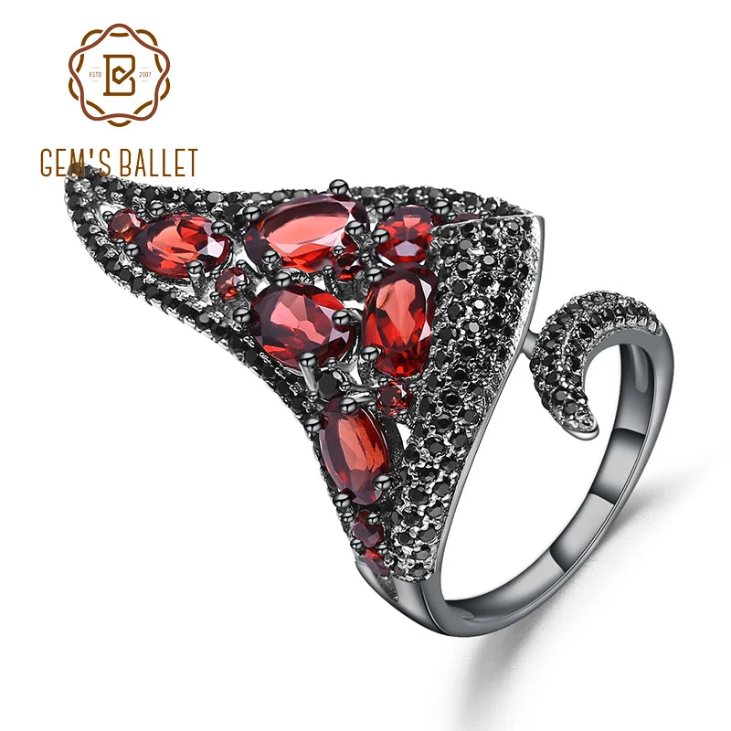 GEM'S BALLET Natural Red Garnet Gemstone Open Finger Ring 925 Sterling Sliver Vintage Gothic Punk Ring For Women Party Jewelry