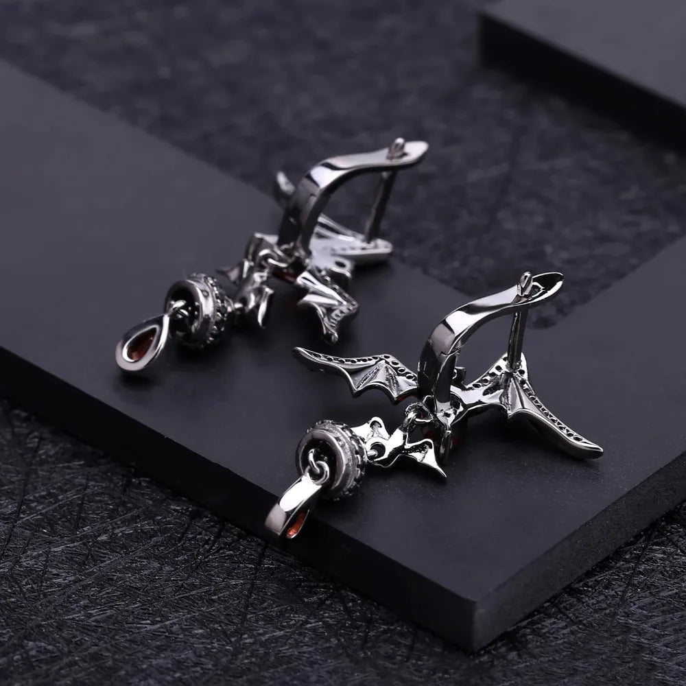 GEM'S BALLET Natural Garnet Gemstone Bat Earrings 925 Sterling Sliver Vintage Gothic Punk Drop Earrings For Women Party Jewelry