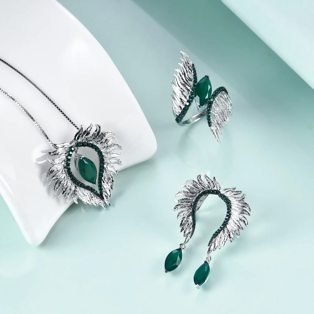 GEM'S BALLET Indian Style 925 Sterling Silver Female Rings For Women Green Agate Feather Finger Ring Sterling Silver Jewelry