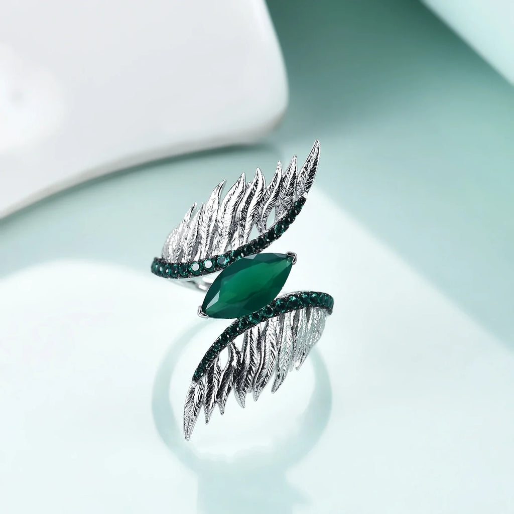 GEM'S BALLET Indian Style 925 Sterling Silver Female Rings For Women Green Agate Feather Finger Ring Sterling Silver Jewelry