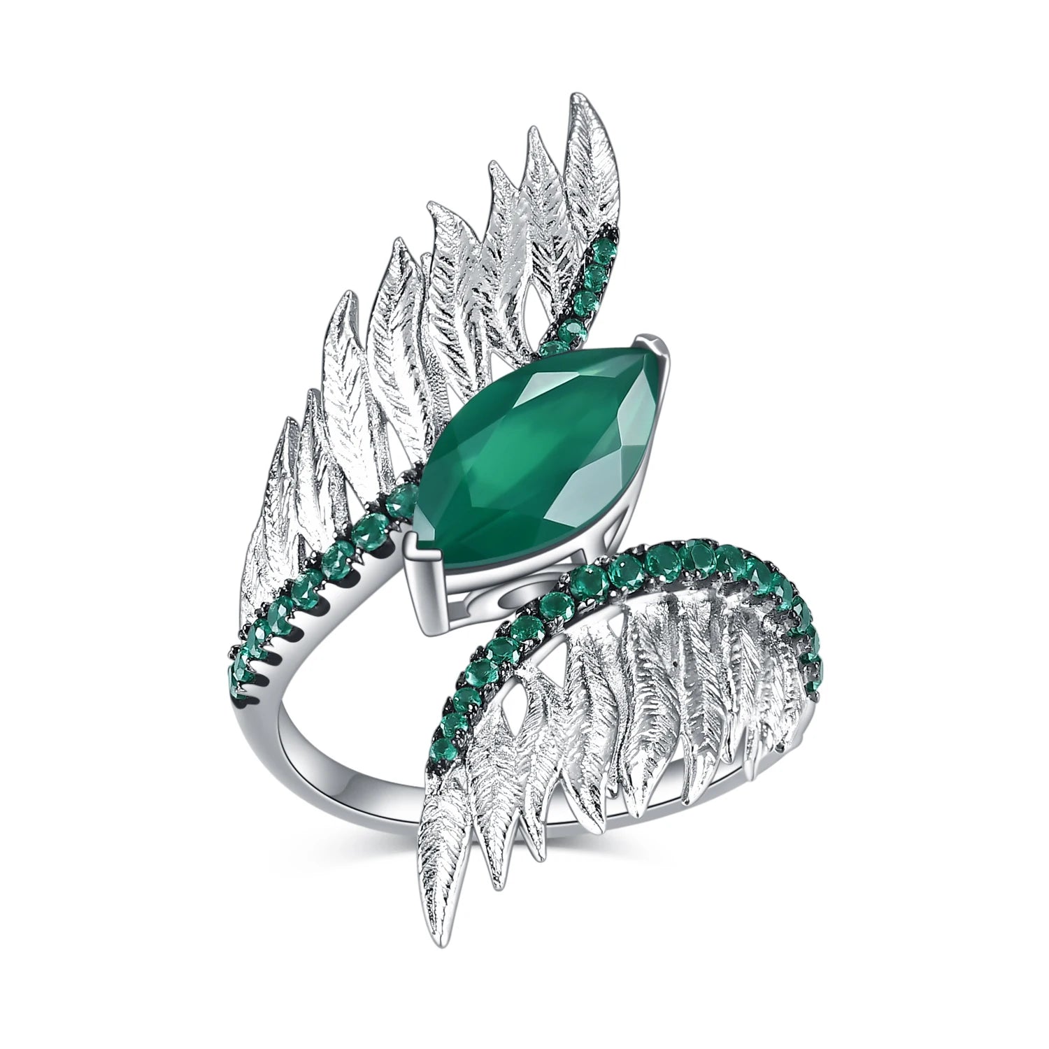 GEM'S BALLET Indian Style 925 Sterling Silver Female Rings For Women Green Agate Feather Finger Ring Sterling Silver Jewelry